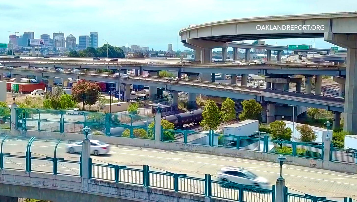 Caltrans’ own study admits that the projected gain for the I-880 corridor that carries the health burden would be slight, while the health burden to the whole study area is projected to increase if the I-580 ban is lifted. (Image source: Oakland Report / Adobe Stock) Caltrans’ own study admits that the projected gain for the I-880 corridor that carries the health burden would be slight, while the health burden to the whole study area is projected to increase if the I-580 ban is lifted. (Image source: Oakland Report / Adobe Stock)