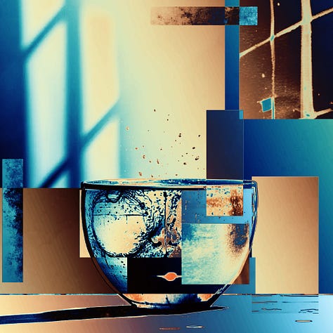 Digital collage pieces all based off an original collage representing a tea cup without a handle.