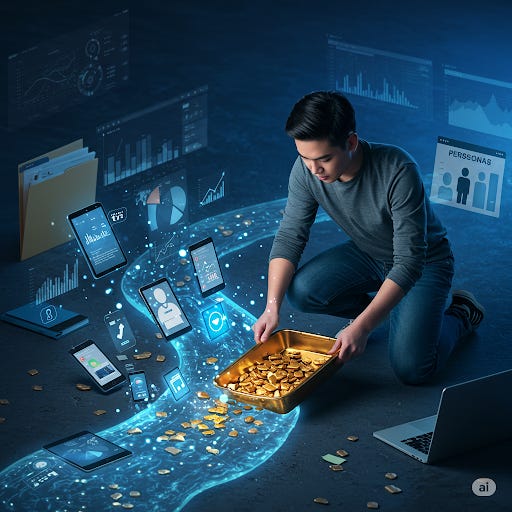 A person panning for digital gold nuggets in a stream of behavioral data.