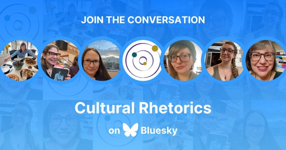 A blue postcard says JOIN THE CONVERSATION Cultural Rhetorics on (you can see the butterfly shaped Blue Sky logo) Bluesky. The writing is in white letters. The postcard features seven side-by-side circular headshots of members of the Starter Pack.