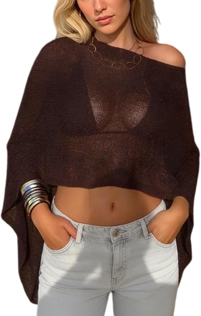 Women Sheer Poncho Top Lightweight Knit Crochet Shrug Bolero Mesh Batwing Sleeve Sweater Cover Up Beachwear