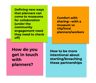 Four digital sticky notes. One says, ‘Defining new ways that planners can come to museums for collaboration (under the community engagement need they need to check off)’. The second says ‘Comfort with sharing—with a museum vs city/local planners/workers’. The third says ‘How do you get in touch with planners?’. And the fourth says, ‘How to be more intentional about starting/broaching these partnerships.’ Four digital sticky notes. One says, ‘Defining new ways that planners can come to museums for collaboration (under the community engagement need they need to check off)’. The second says ‘Comfort with sharing—with a museum vs city/local planners/workers’. The third says ‘How do you get in touch with planners?’. And the fourth says, ‘How to be more intentional about starting/broaching these partnerships.’