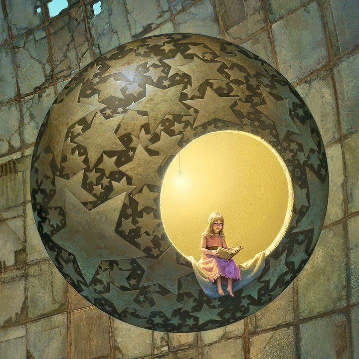 LEFT: Detail of a stone sphere hanging suspended in air in front of a paneled concrete wall. A girl ink pink dress sits in the circular opening of the sphere with a warm glow of light behind her. RIGHT: Close detail of a girl in pink dress sitting with a book in her lap while dangling her feet out of the opening in a suspended sphere covered in stars.