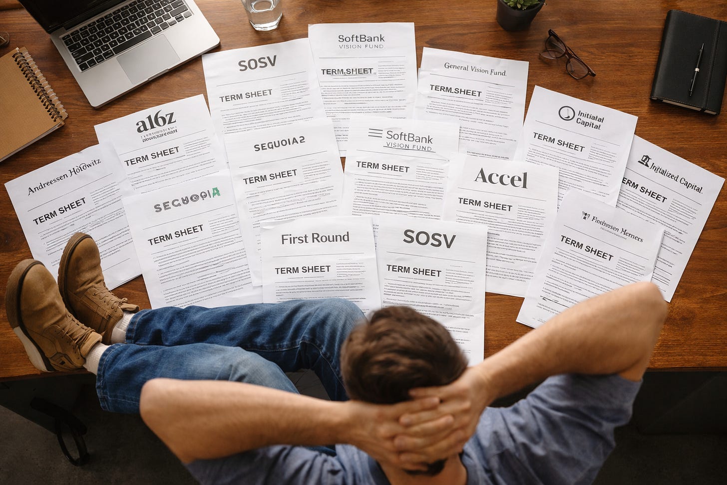 A founder looking at a desk covered in term sheets from top tier VC firms. A founder looking at a desk covered in term sheets from top tier VC firms.