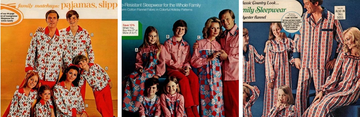 1970s families wearing matching Christmas pajamas in garish patterns