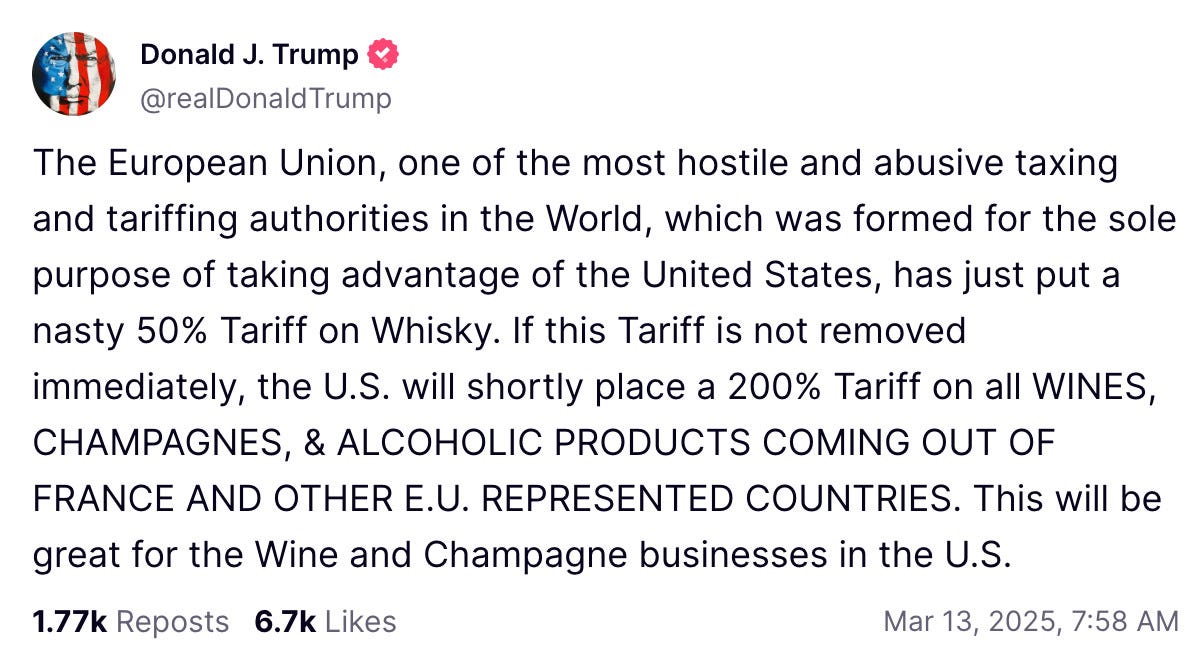 Trump Truth Social post threatening tariffs on champagne