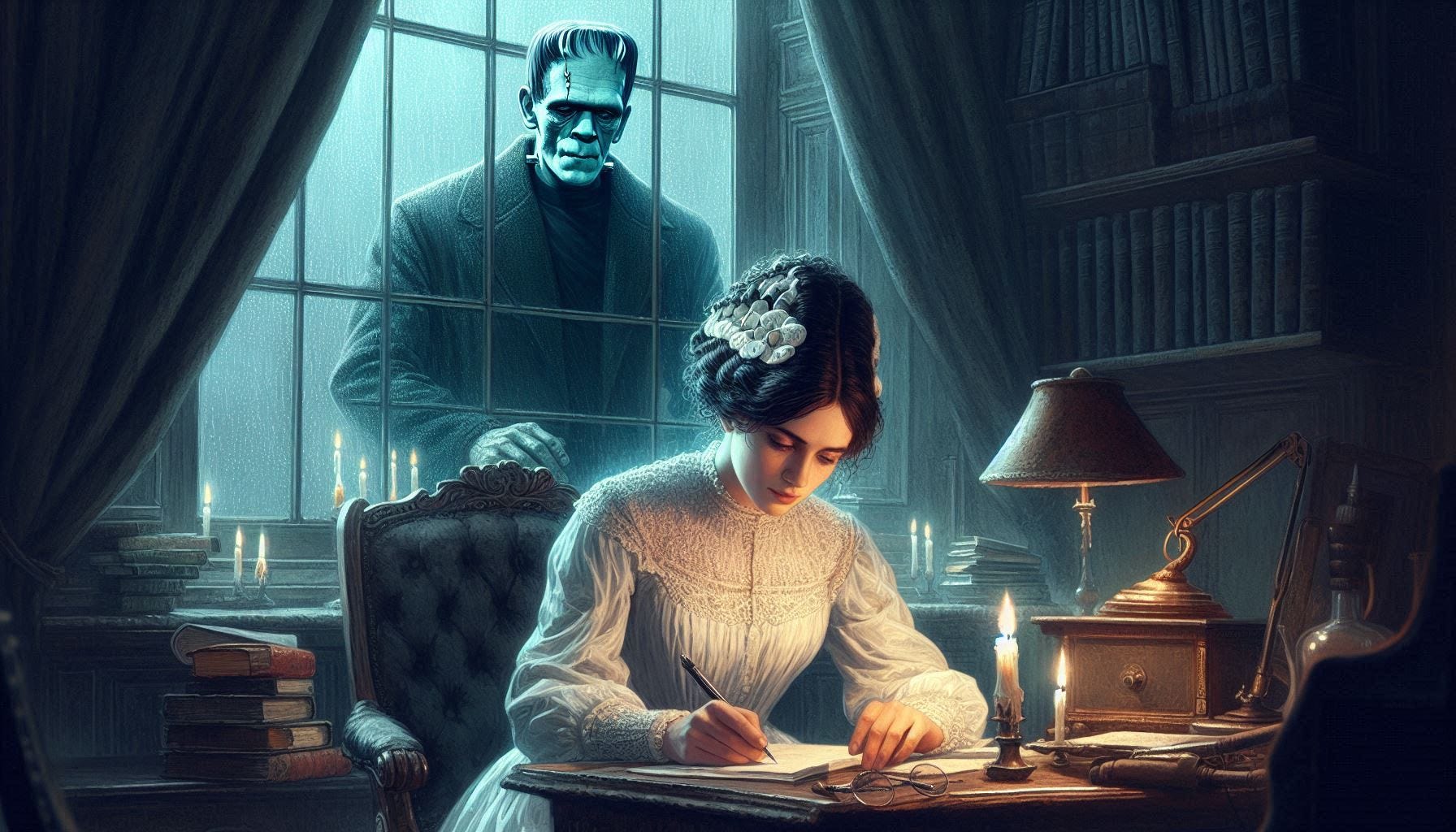 Mary Shelley sits in a room writing whilst Frankenstein looks in on her through the window