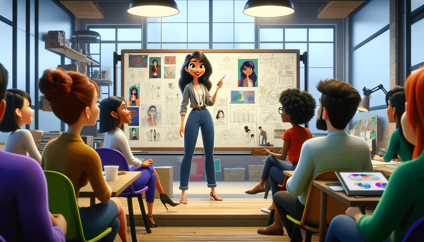 A woman presenting her design insights to a group of coworkers