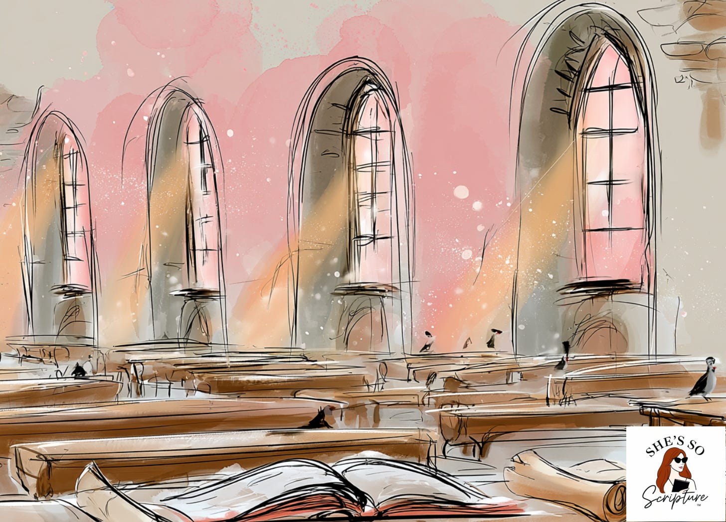 Illustrated ancient study hall with wooden benches, open scrolls, and warm light streaming through stone arch windows in blush pink and cream watercolor tones