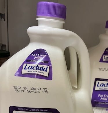 Close up of a jug of nonfat Lactaid milk with the expiration date of January 24, 2025