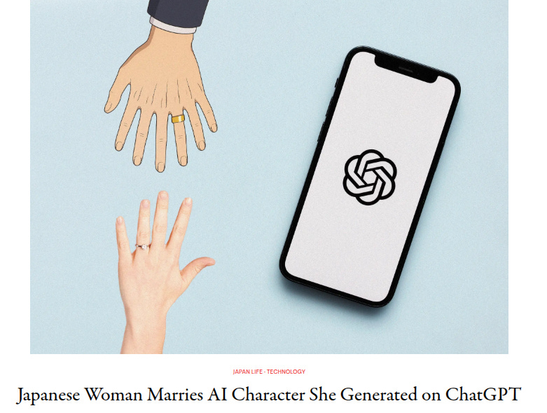 Cartoon illustration on light blue background showing a womans hand with ring extending from left side wearing a white blouse sleeve and a mans hand from right side in suit sleeve both holding rings toward a white smartphone displaying a knotted rope logo. Text overlay reads Japanese Woman Marries AI Character She Generated on ChatGPT.