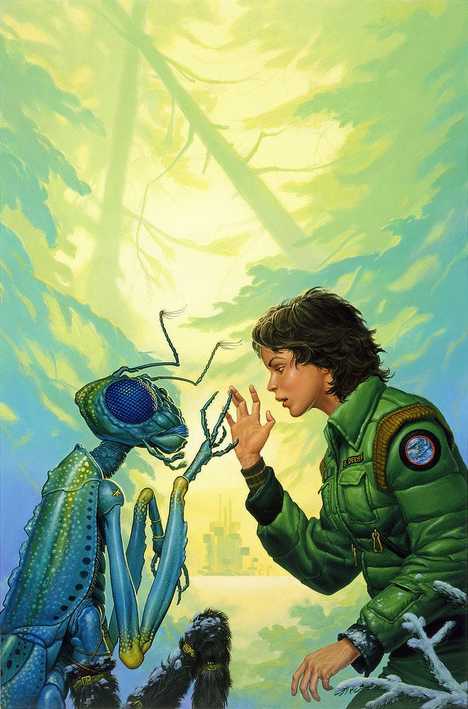 A woman with short dark hair reaches out to a mantis-like alien. The fingers of her hand match the long slender digits of the alien as they touch. There is an embossed gold star on the alien’s shoulder, and it wears a furry covering overs its lower legs. Traces of snow can be seen on that fur as well as on the cuff of her green puffer jacket and branches of vegetation barely seen in the lower right foreground. The background of the painting, however, is loosely painted in greens and yellows, populated with silhouettes of branches and tree trunks. A barely visible structure resembling an alien city can be seen on the distant horizon as framed by the alien’s cautiously extended appendage and the woman’s arm.
