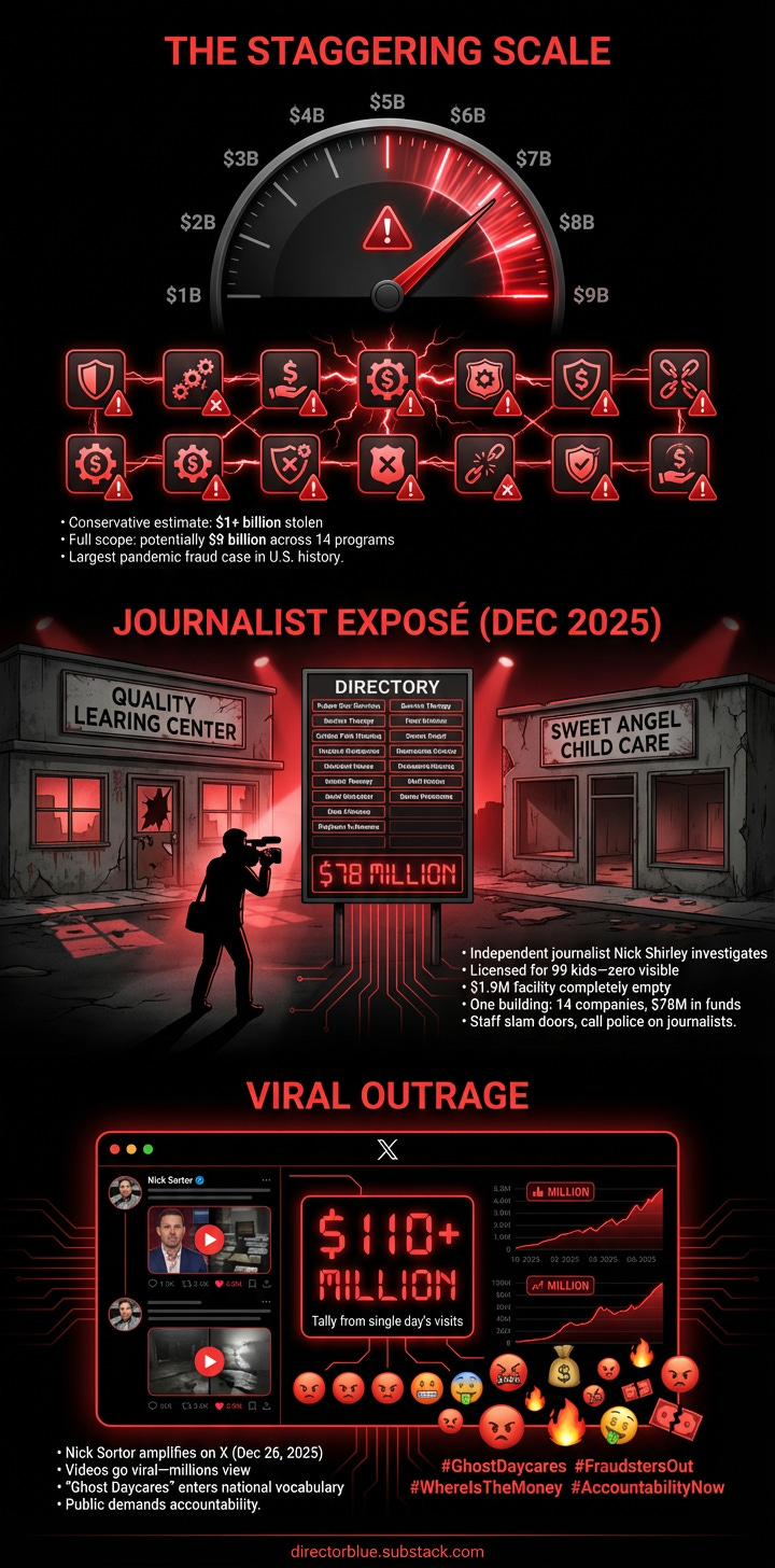  30 Prompt A tall 12 portrait infographic panel with black background and red accent lighting TOP SECTION titled THE STAGGERING SCALE Gaugemeter visualization ranging 1B to 9B with needle in alarming zone Grid of 14 program icons all marked _image_1