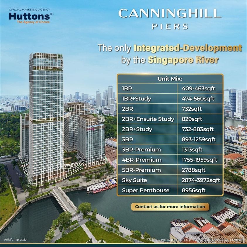 May be an image of skyscraper and text that says 'OFF MARKETING AGENCY Huttons® The Agency of Choice CANNINGHILL PIERS The only Integrated-Development by the Singapore River 1BR 1BR+Study Unit Mix: 409-463sqft 474-560sqft 732sqft 2BR 2BR+Ensuite Study 2BR+Study 3BR 829sqft 732-883sqft 893-1259sqft 3BR-Premium 4BR-Premium 1313sqft 1755-1959sqft 5BR-Premium 5BR- Sky Suite 2788sqft Super Penthouse 2874-3972sqft 8956sqft Contact us for more information Artist'sImpression'