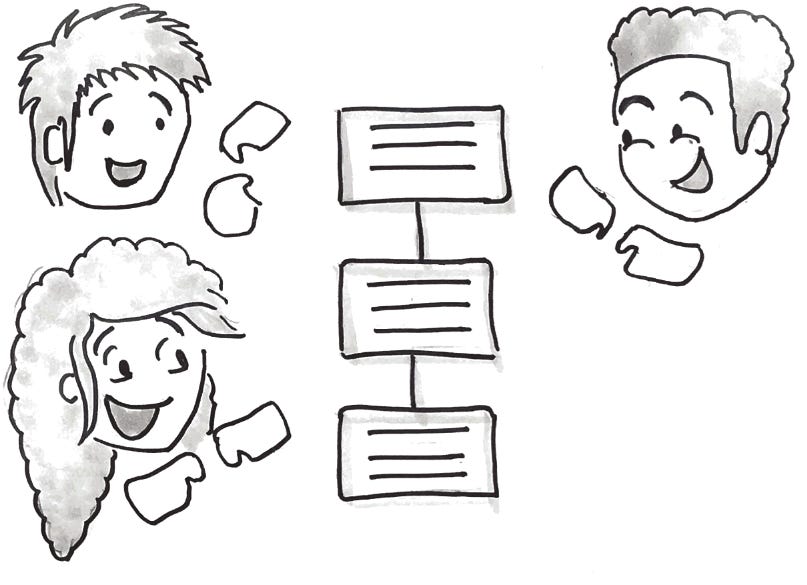 People happily looking at a blockchain People happily looking at a blockchain