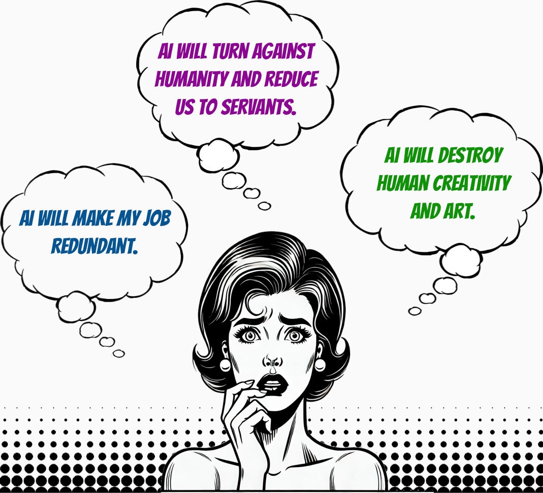 Pop art woman with worried face and thought bubbles with the text: "AI will turn against humanity and reduce us to servants." "AI will make my job redundant." and "AI will destroy human creativity and art."