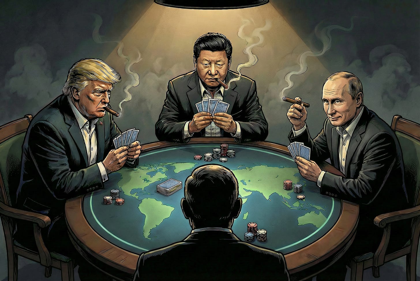 Donald Trump, Vladimir Putin, and Xi Jinping sitting around a poker table