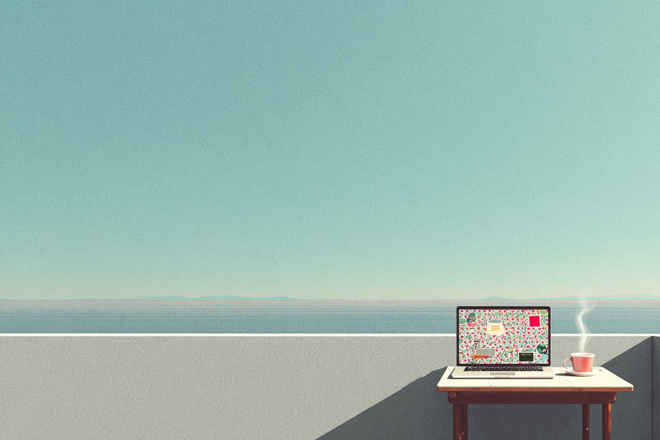illustration of a laptop and a cup of coffee on a desk overlooking a horizon