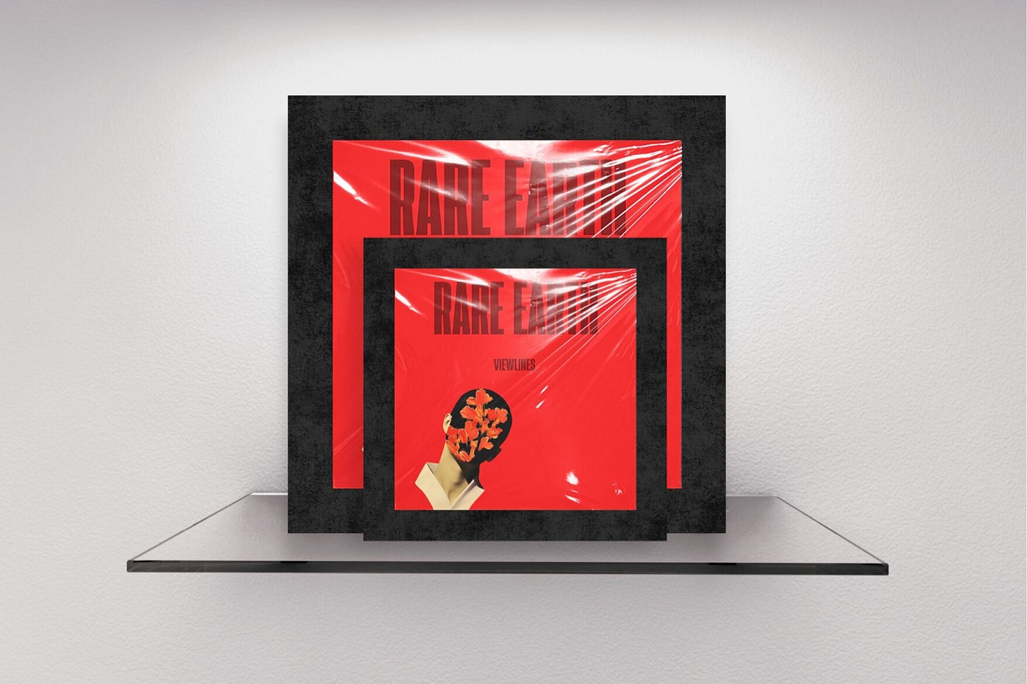 Two staggered magazine covers with thick textured black borders on a gallery shelf. The front cover features a saturated red background with a minimalist illustration of a man whose upper face is completely obscured by a dense cluster of flowers. Tall typography reading "RARE EARTH" sits at the top. Part of the Viewlines series at The Subtext Review.