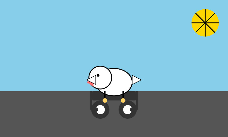 A small white pelican on what looks more like a child's cart. A small white pelican on what looks more like a child's cart.