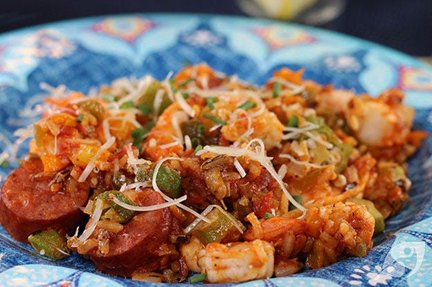 45-Minute Jambalaya Skillet Dinner closeup plated with andouille sausage, okra, and shrimp