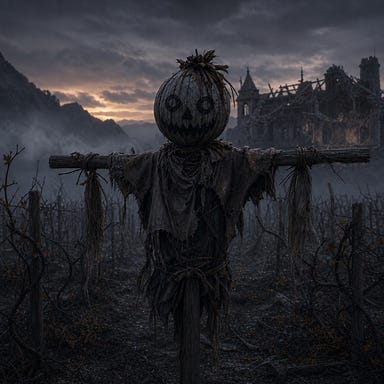 Barovian scarecrow standing among misty vineyard rows at twilight, straw body bound in tattered cloth, painted face leering with cracked grin, wooden limbs creaking, eerie atmosphere, Wizard of Wines setting
