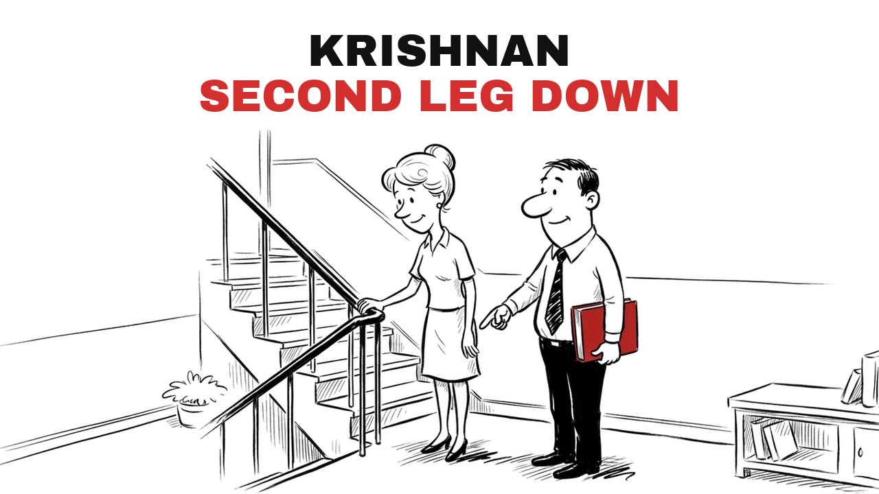 Cartoon: on a staircase landing the mentor points down the next flight of stairs holding a red book while a student holds the handrail, titled Krishnan, Second Leg Down. Cartoon: on a staircase landing the mentor points down the next flight of stairs holding a red book while a student holds the handrail, titled Krishnan, Second Leg Down.