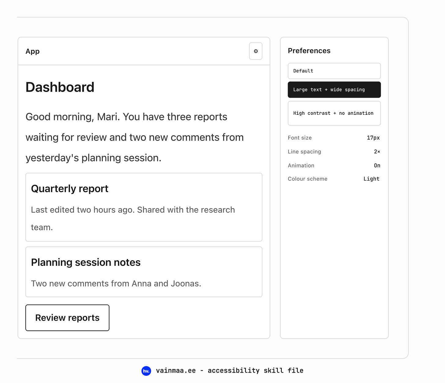Dashboard design in bigger mode: larger text, airier layout Dashboard design in bigger mode: larger text, airier layout