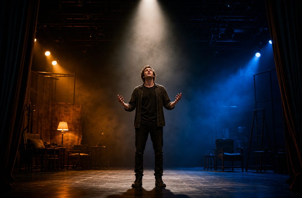 A lone actor under a single spotlight, caught in a pivotal moment between warm and cool stage light