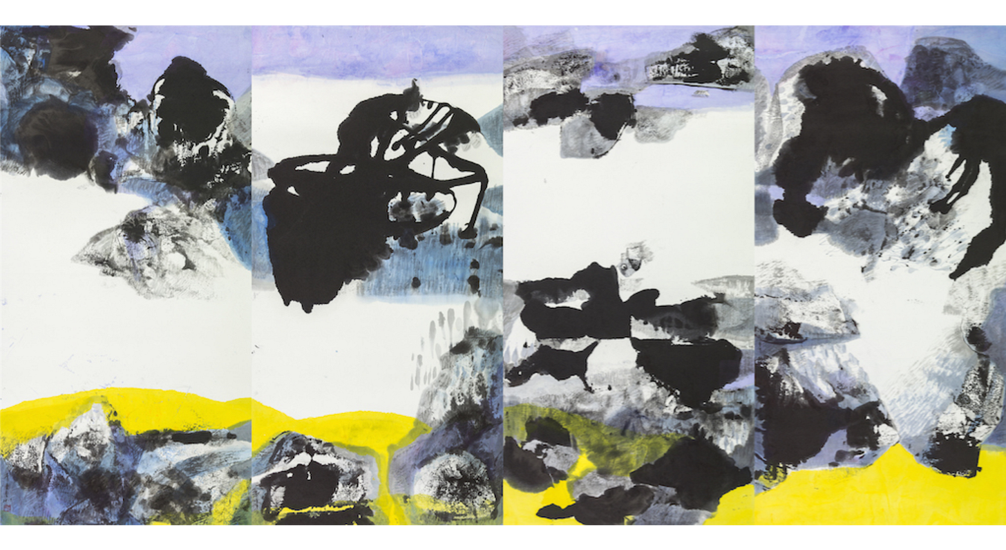 Lee Chung-Chung, The Fortune of the World (2017), four-panel painting with black ink, yellow stream, and violet sky.