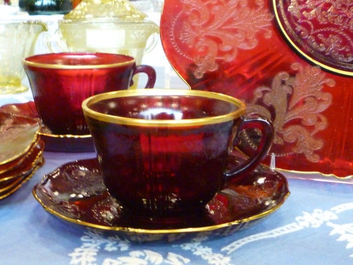 American Sweetheart Red Depression Glass with Gold Trim
