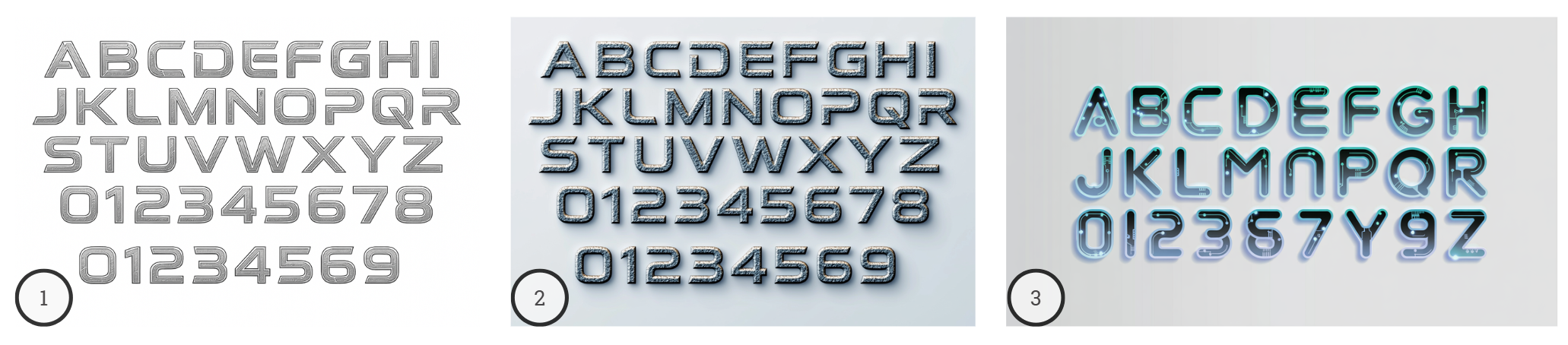 (1) Font set generated with ChatGPT-4o.  (2) The ChatGPT-4o font set was retextured in Midjourney, resulting in a new variation with improved aesthetics. (3) Font sets generated with Ideogram 3.0. 