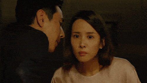 Animated gif of Yeon-kyo staring in horror after being told about the sub-basement in Parasite.