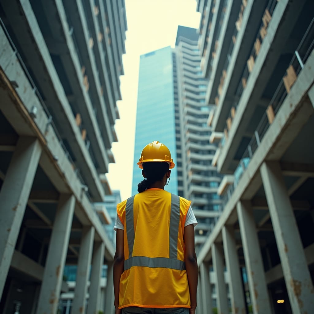 A Jamaican woman in a vibrant yellow hard hat and high-visibility vest, standing at the basement level of a modern office development, amidst a sea of steel beams and concrete pillars, with half-completed commercial office spaces rising above her, sleek glass and metal façades glinting in the cinematic lighting.