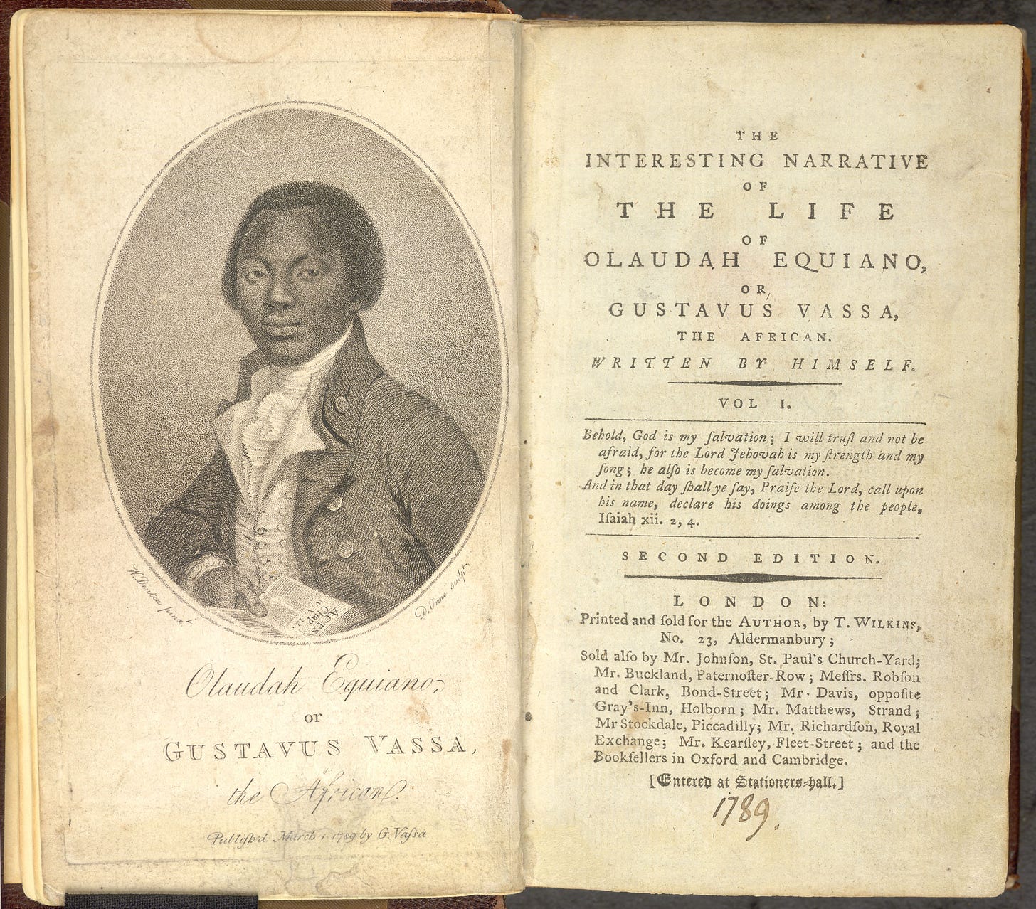 Frontispiece of The Interesting Narrative of The Life of Olaudah Equiano or Gustavus Vassa The African published in 1789 in London Frontispiece of The Interesting Narrative of The Life of Olaudah Equiano or Gustavus Vassa The African published in 1789 in London