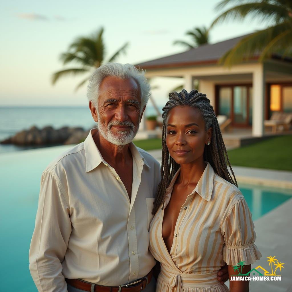 A regal elderly couple stands proudly in front of their luxurious new beachfront villa in Montego Bay, called The Pinnacle of Life. The man has a distinguished, Mediterranean-like appearance with warm brown skin, sharp features, and an air of wisdom. The woman, a striking mixed-race beauty with almost fair skin, wears elegant, slightly graying dreadlocks that cascade over her shoulders. Both exude grace, confidence, and a lifetime of experiences, dressed in refined yet relaxed attire that complements the tropical paradise around them. The background features the stunning turquoise ocean, swaying palm trees, and the sophisticated architecture of their modern villa, blending seamlessly with the natural beauty of the island A regal elderly couple stands proudly in front of their luxurious new beachfront villa in Montego Bay, called The Pinnacle of Life. The man has a distinguished, Mediterranean-like appearance with warm brown skin, sharp features, and an air of wisdom. The woman, a striking mixed-race beauty with almost fair skin, wears elegant, slightly graying dreadlocks that cascade over her shoulders. Both exude grace, confidence, and a lifetime of experiences, dressed in refined yet relaxed attire that complements the tropical paradise around them. The background features the stunning turquoise ocean, swaying palm trees, and the sophisticated architecture of their modern villa, blending seamlessly with the natural beauty of the island