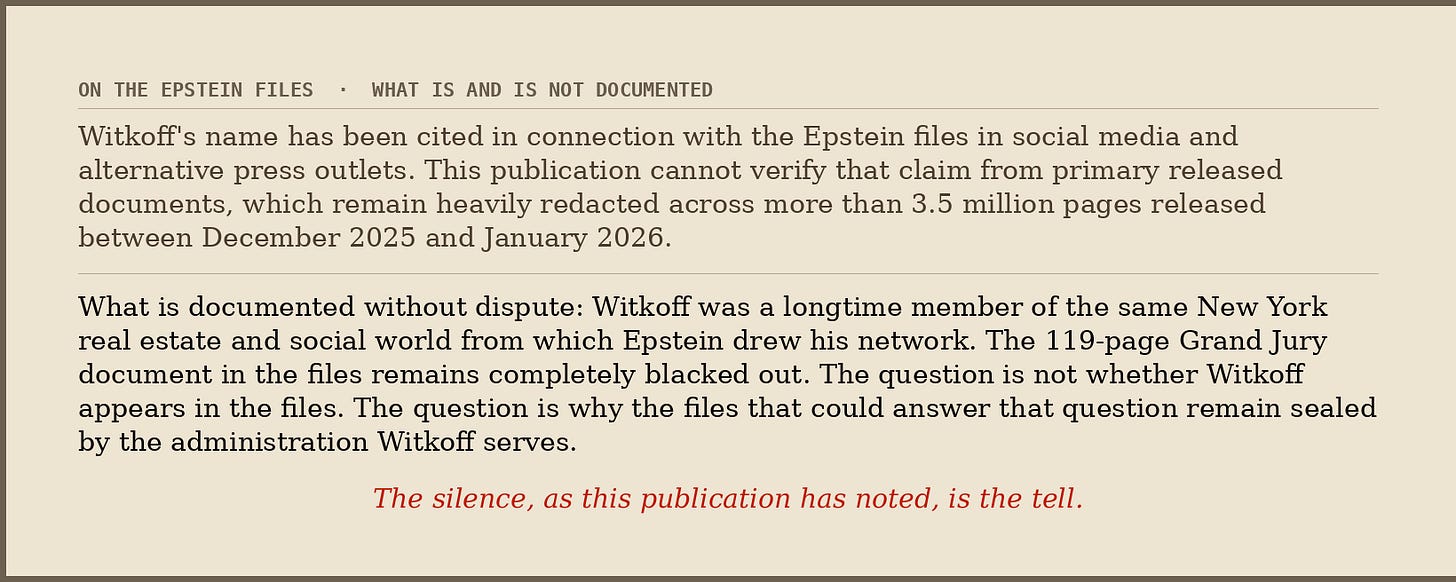 On the Epstein files: what is and is not documented regarding Witkoff — honest accounting of an unverified claim in heavily redacted files