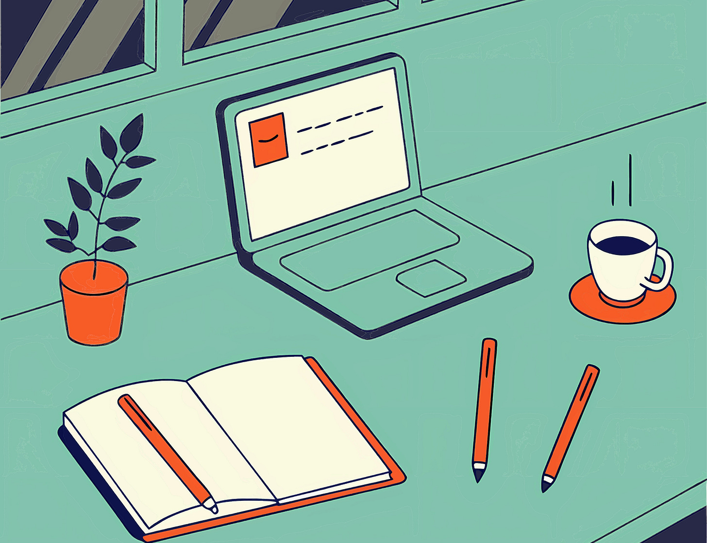 Illustration of desk by a window with a laptop and open notebook