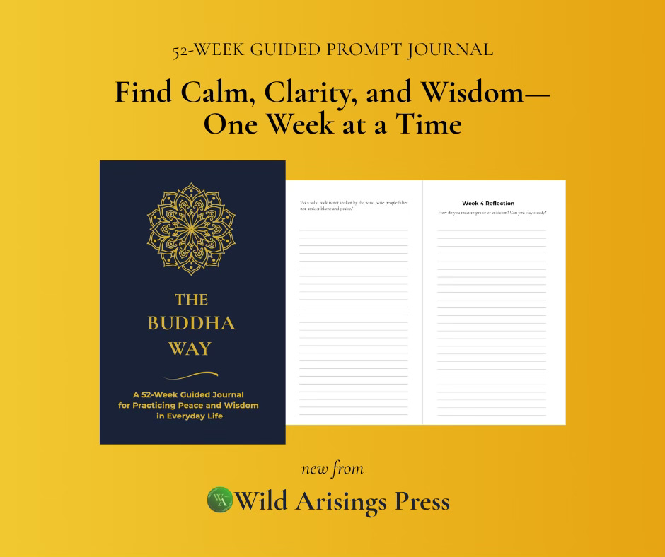 A cover image of The Buddha Way journal with two interior pages next to it.