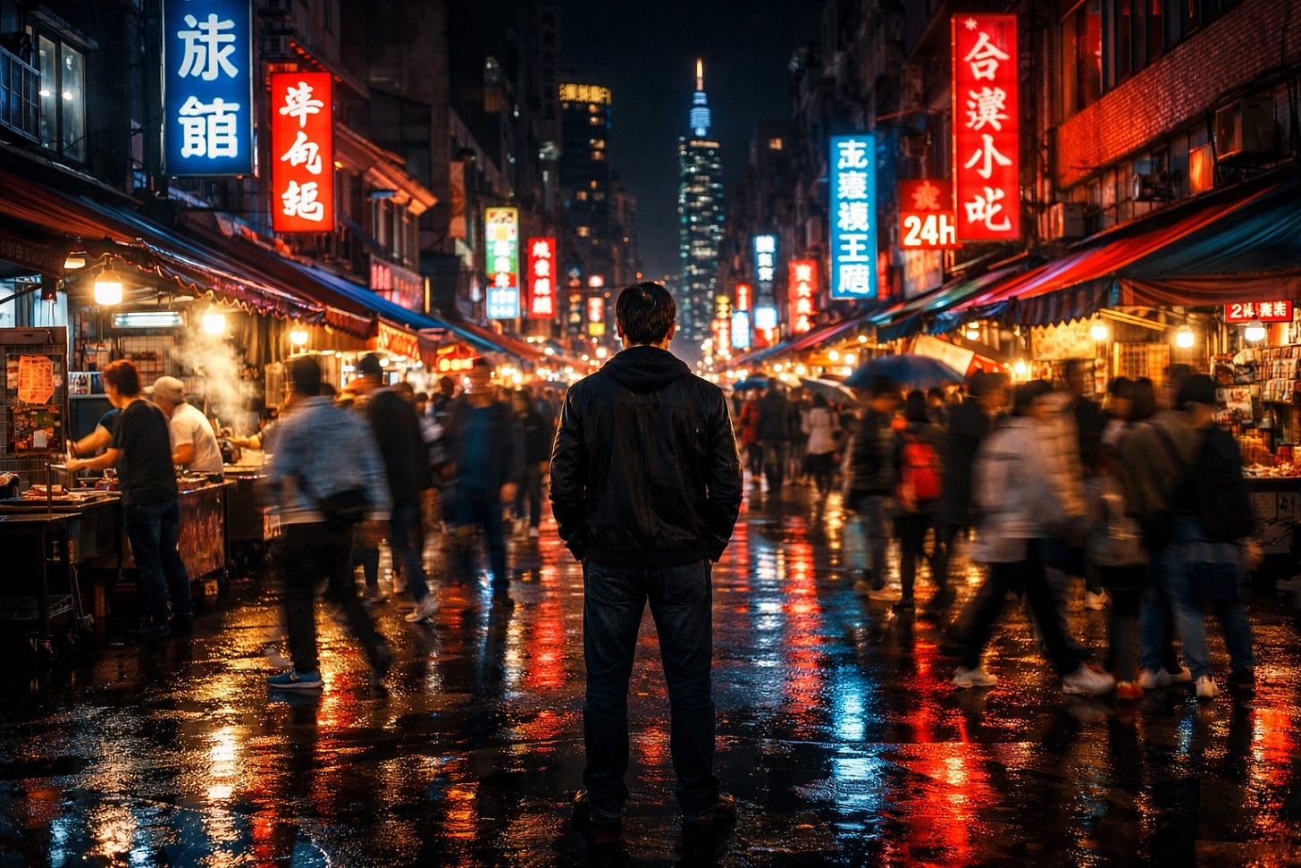 A man in quiet reflection amidst the vibrant night market of Taipei, Taiwan, representing Christian mission.