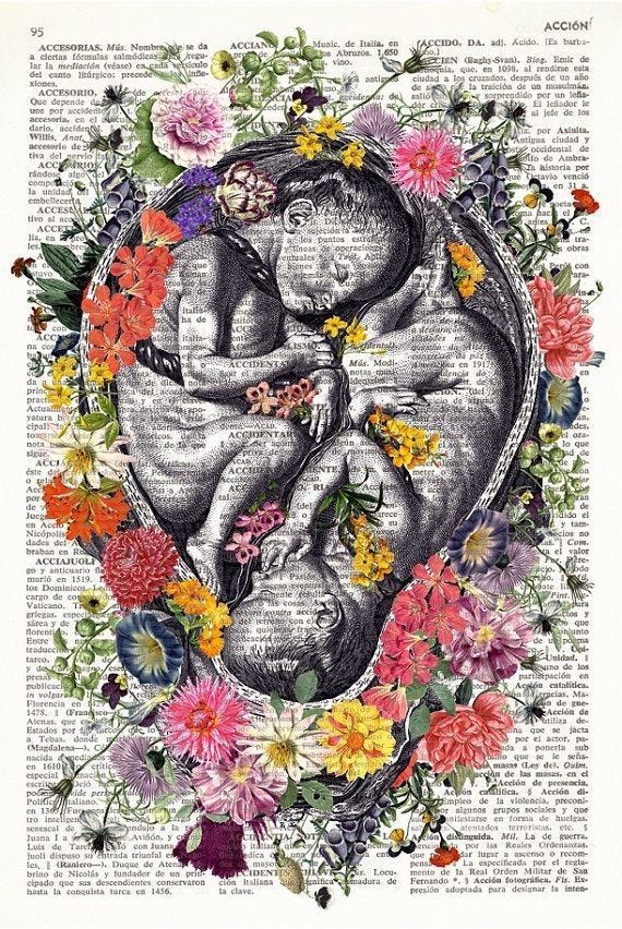 This may contain: a drawing of two people surrounded by flowers on an old book page with the word love written