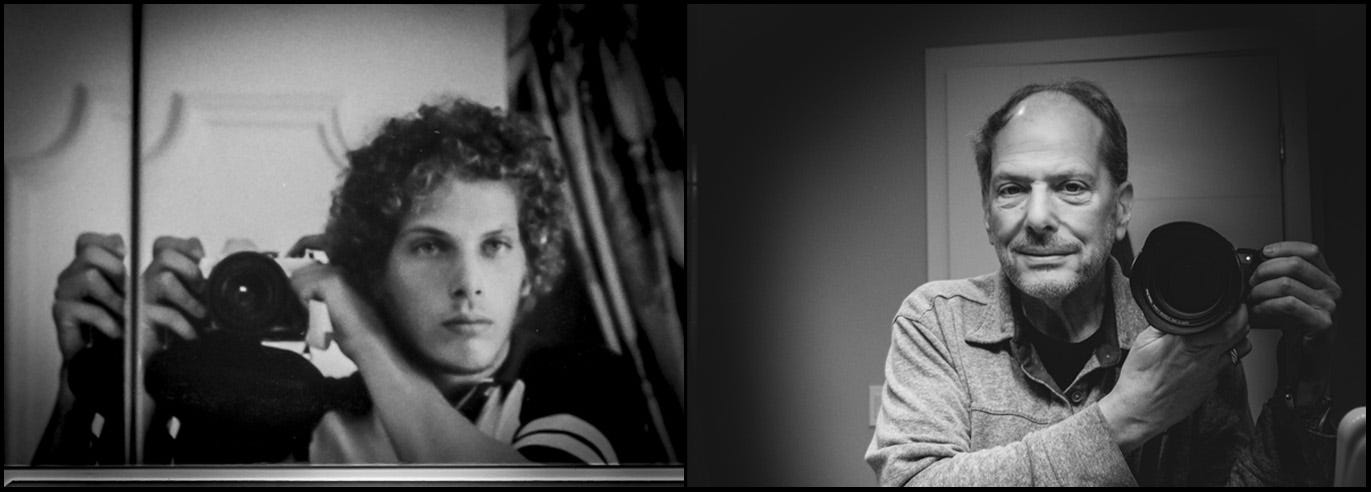 A diptych featuring David Rosen as a young photographer in 1974 and again in 2025, each holding a camera, capturing a lifetime of creative evolution