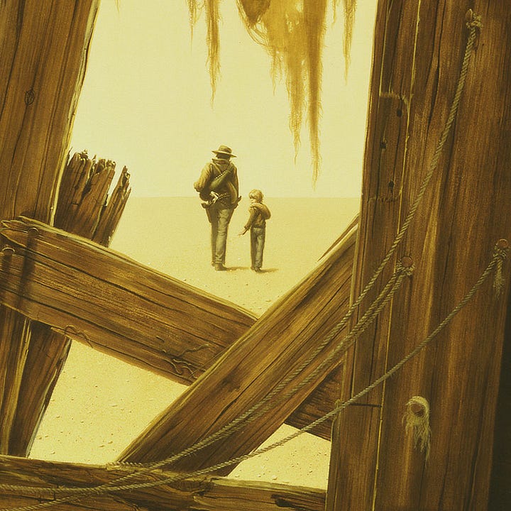 LEFT: Detail from THE WAY STATION featuring the left side of the painting. The yellow desert is visible through gaps in the weathered boards. Tattered cloth hangs on the upper edge. Thin rope is tacked to a vertical board with the ends dangling down and the rest hanging in a loose arc that descends to the support board. None of the board, including the horizontal support, are straight giving the impression that the building was slapped together long ago and hasn't aged well.  RIGHT: Detail from THE WAY STATION featuring Roland and Jake through an opening that is roughly square but impeded by boards. Jake glances back as they go. Decaying cloth dangles into the opening. Both sand and sky are pale yellow as if everything beyond the wall has been baked by the desert sun.