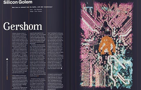 Three 2-page spreads from In Formation #1. One shows the table of contents, a second shows a roadside-stand style statue of Steve Job, a third shows an integrated circuit with a ghost in it for the story "Silicon Golem".