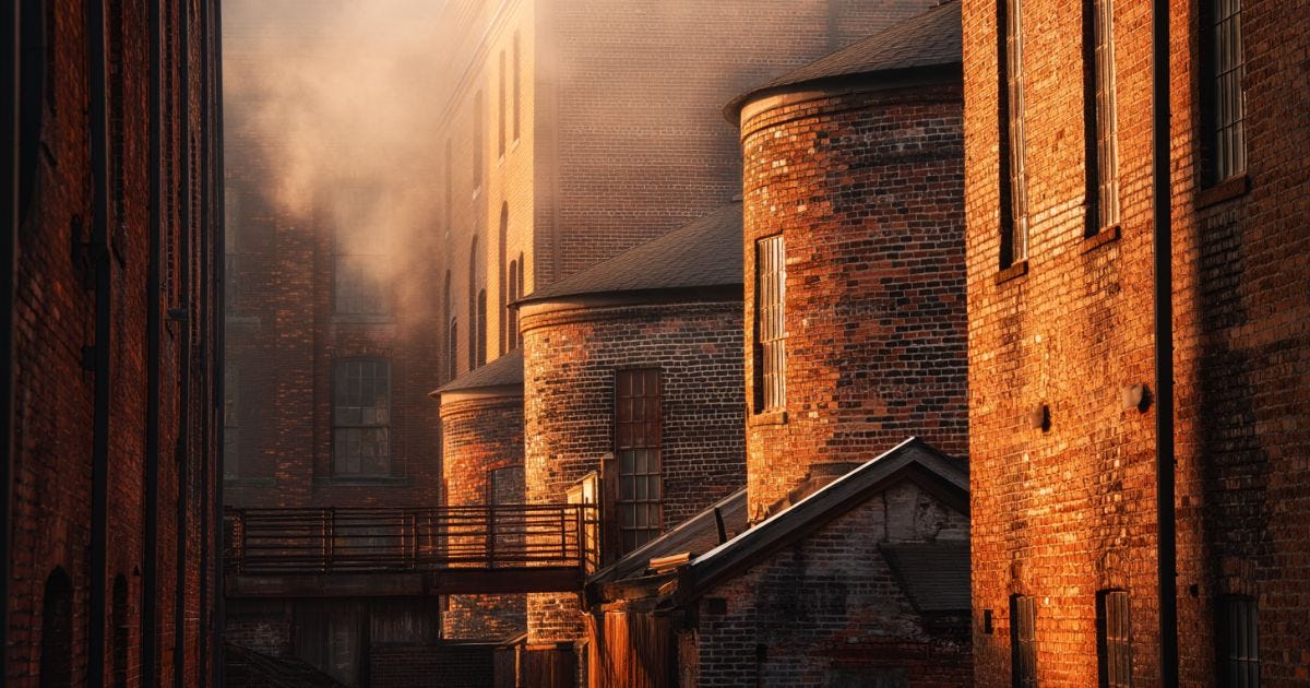A row of 19th-century brick bourbon warehouses, misty Kentucky morning.