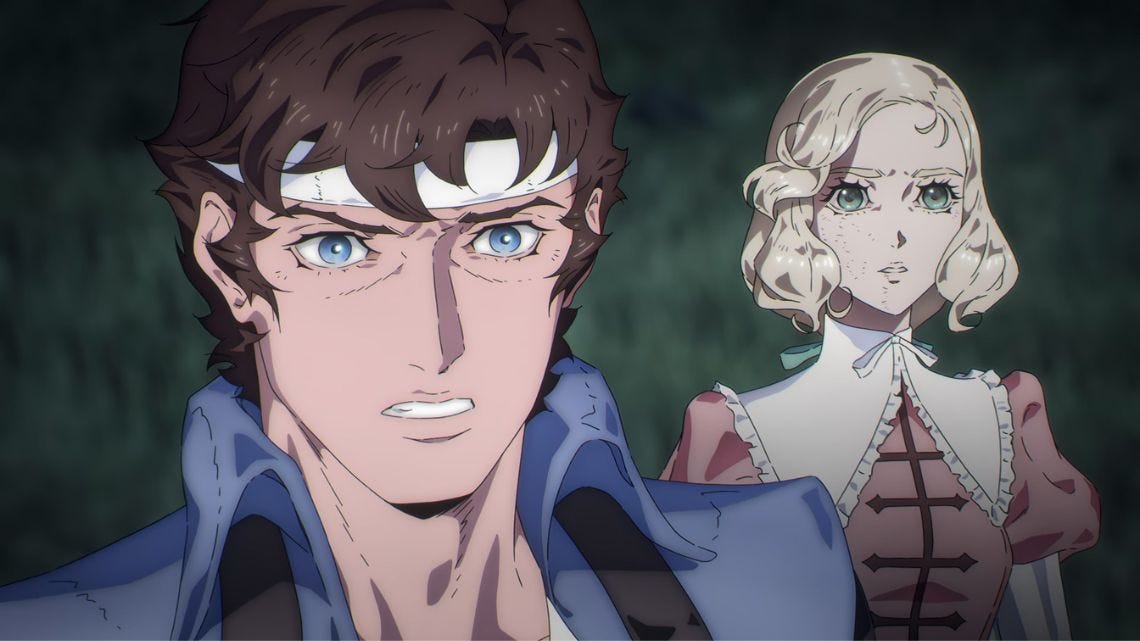 A screen capture of Castlevania characters Richter and Maria.