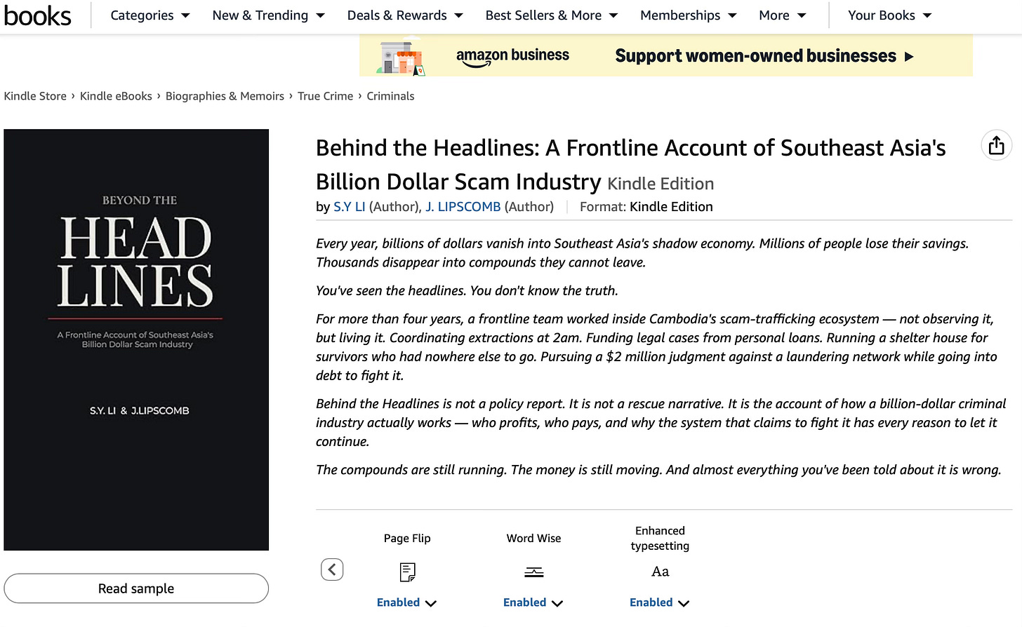 Screenshot of the Amazon Books webpage for Behind the Headlines, link below