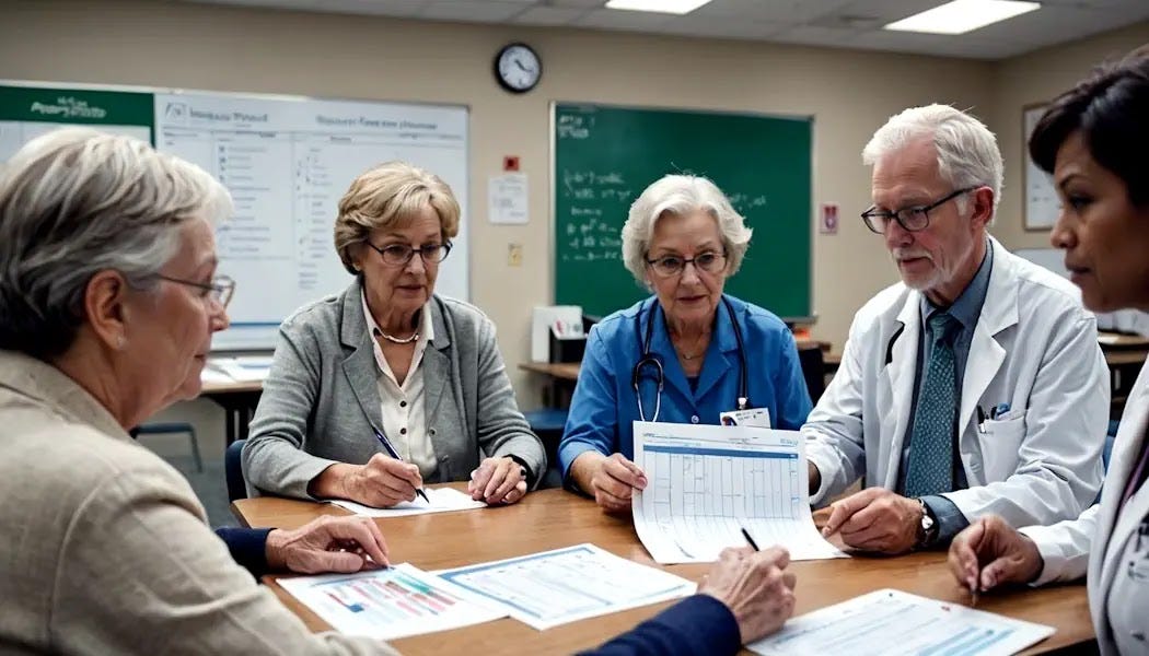 A small group of older adults is learning about health management from experts in a classroom, using medical charts and props. A small group of older adults is learning about health management from experts in a classroom, using medical charts and props.
