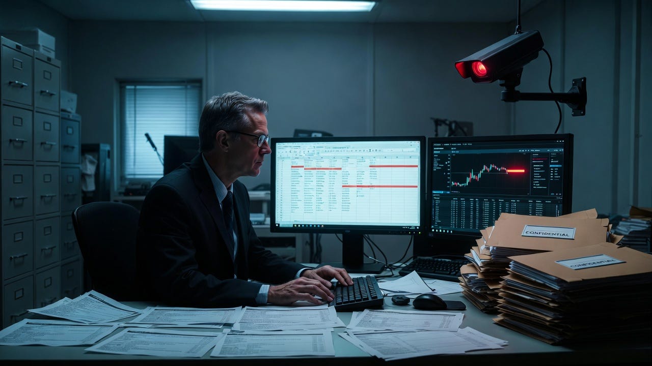 A suited analyst works at a dual-monitor desk displaying spreadsheets with flagged entries and a crypto price chart, surrounded by stacks of confidential files and documents, while a red-lit surveillance camera watches from above A suited analyst works at a dual-monitor desk displaying spreadsheets with flagged entries and a crypto price chart, surrounded by stacks of confidential files and documents, while a red-lit surveillance camera watches from above