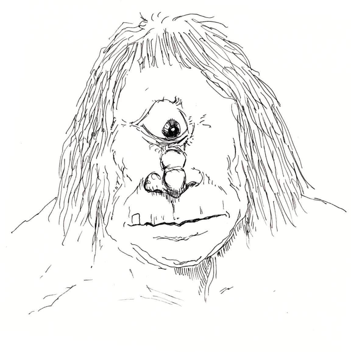 Ink drawing of a cyclops troll.